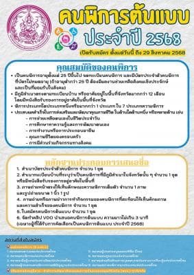 เปิดรับสมัครคนพิการต้นแบบ ประจำปี 2568   ตั้งแต่วันนี้ ถึง 29 สิงหาคม 2568 